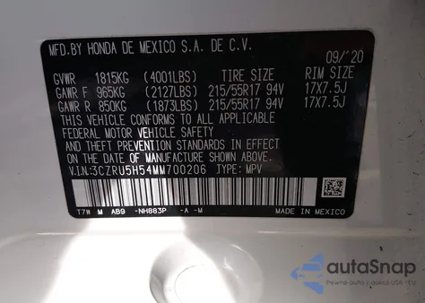 2021 Honda Hr-V 2Wd Ex from USA, damaged, VIN 3CZRU5H54MM700206